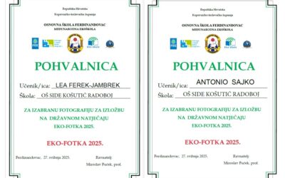 Fotografija učenice Lea Ferek-Jambrek, 7.a i  učenika Antonio Sajko, 6.a izabrana za izložbu na državnom natječaju EKO-FOTKA 2025.